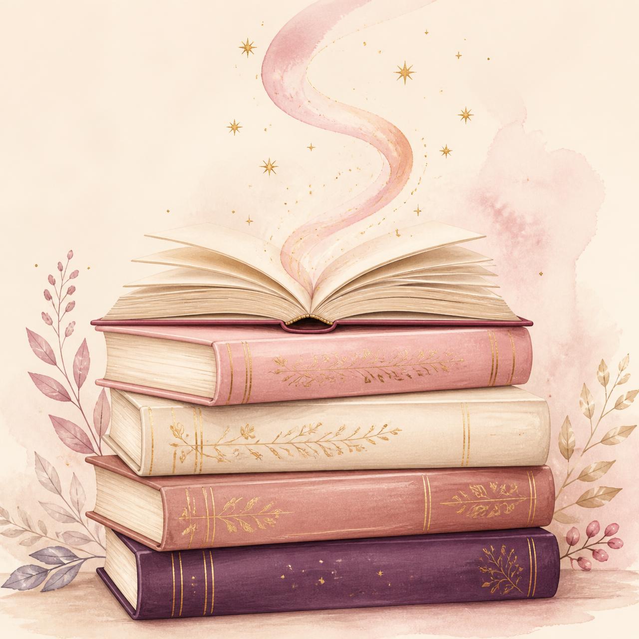 Illustration of a stack of blush, cream and plum hardcover books with gold detailing and an open book releasing stars